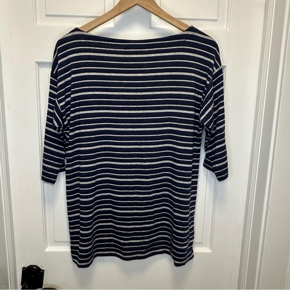Eileen Fisher Small Oversized Navy and White Striped 3/4 Sleeve Top - Picture 2 of 8
